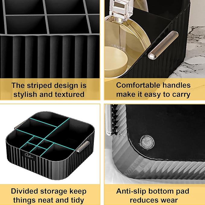 DASITON Acrylic Makeup Organizer,9 Slots Makeup Brush Holder,Makeup Storage with Handle,Vintage Striped Cosmetic Organizer for Desk Storage Container,Vanity,Bathroom(Black)