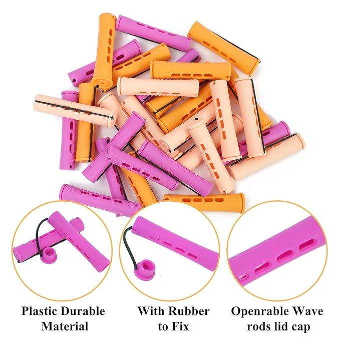 60 Pieces Cold Wave Non-Slip Rods Set - 3 Sizes Plastic Heatless Perming Curlers for Women's Natural, Long, Medium, and Short Hairstyles