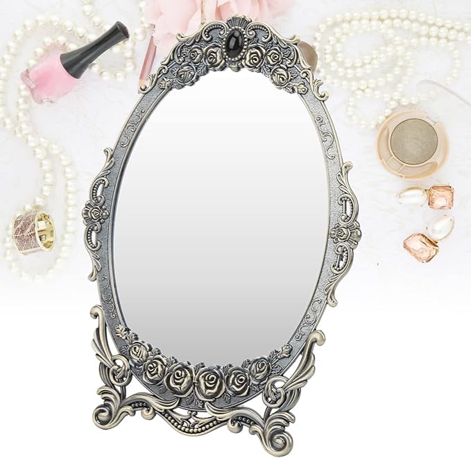 Cyrank Vintage Makeup Mirror, Oval Floral Mirror Decorative Tabletop Makeup Metal Vintage Cosmetic for Home Decorative(Bronze)