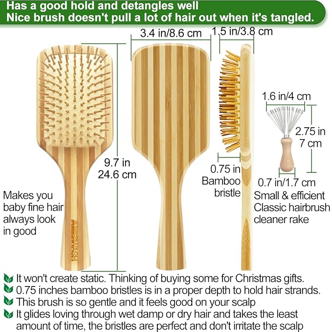 Bamboo Hair Brush with Cleaner Tool, Large Paddle Wooden Detangling Brush Perfect for Women Men Thick Curly Hair, Bamboo Bristles Help Hair Growth, Enhance Shine & Health, Massaging Scalp
