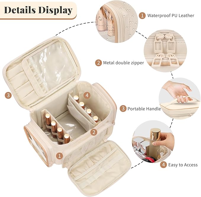 Large Makeup Bag, Portable Travel Makeup Bag Organizer for Women Girls with Makeup Brush Compartment & Two Side Pockets, Cosmetic Travel Bag Vertical Storage Toiletry - White