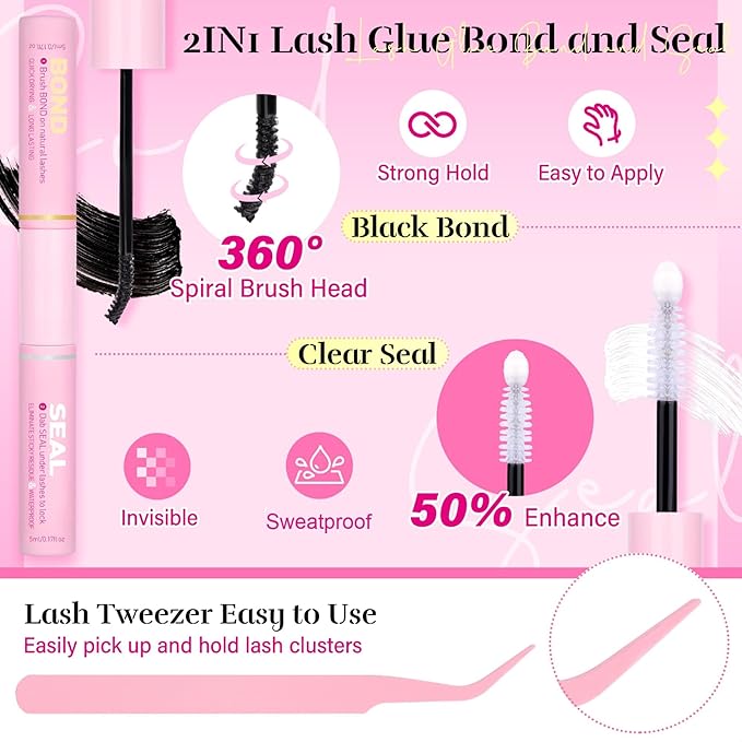 PHKERATA Natural Lash Clusters Kit Invisible Band Eyelash Clusters Wispy Lash Extension Kit DIY Cluster Eyelash Extension Kit Individual Lashes with Lash Glue Bond and Seal Tweezers, 8-16mm