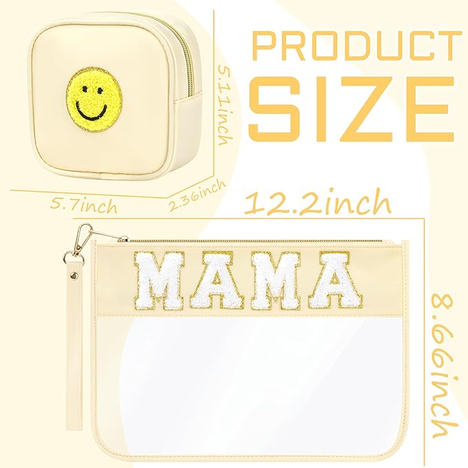 2 Pcs Preppy Patch Clear Mama Bag, Women Chenille Letter Makeup Cosmetic Bag for Travel, PVC Waterproof Organization Outdoor Zipper Pouch Toiletry Bag for Women Girl
