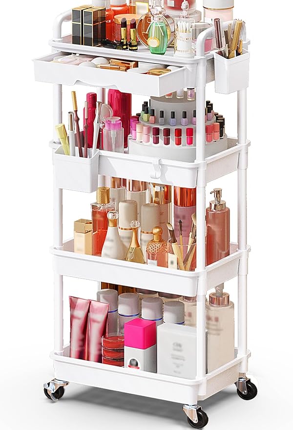 Makeup Cart Organizer with Drawers, 4 Tier Floor Skincare Organizers for Vanity, Rolling Makeup Bathroom Storage Cart Cosmetics Display Cases for Skin Care Perfume Nail Polish, White
