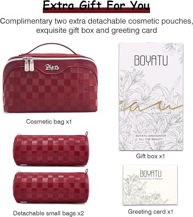BOYATU Travel Makeup Bag Organizer Cosmetic Bag: 3 Pcs Set Make up Bags for Women with Handle - Waterproof Vegan Leather Toiletry Bags Travel Essentials Pouch with Compartments (03-A-Red)