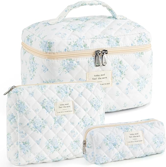 Makeup Bag for Women 3PCS Quilted Cotton Make Up Bag Travel Cosmetic Bag Large Makeup Bag Set Cute Makeup Bags Organizer Floral Toiletry Bag Makeup Pouch, Blue