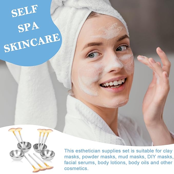 8 Pcs Silver Esthetician Supplies 4 Facial Fan Brushes Esthetician 4 Silver Stainless Steel Mixing Bowls Face Mask Brush Facial Bowls Esthetician for Mud Cream Makeup Spa Salon Women