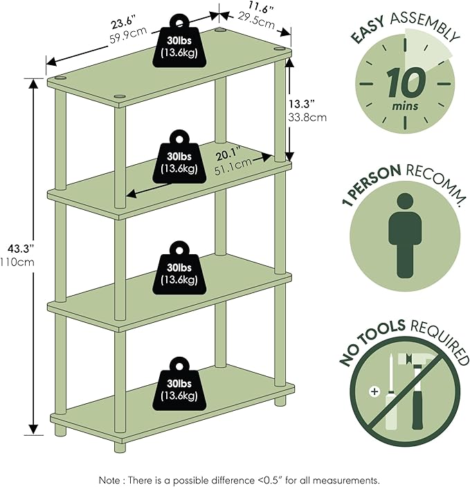 Furinno Turn-N-Tube Storage Shelves, 4-Tier Toolless Book Shelf, Corner Shelf, Toolless Open Shelves, for Organization and Storage, Living Room, Garage, Home Office, Sage Green