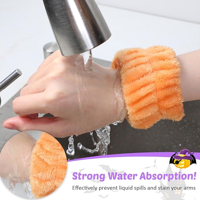 Chuangdi 4 Pairs Wrist Bands for Washing Face Wrist Spa Microfiber Wash Towel Band Scrunchies Absorbent Wristbands Sweatband for Women Prevent Liquid from Spilling(Orange)