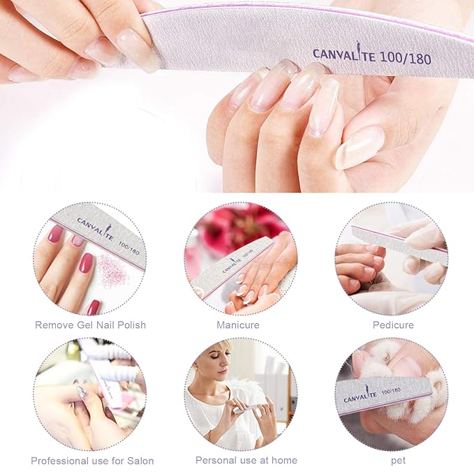 Canvalite 25 PCS Nail File Professional Nail Files Reusable Double Sided Emery Board(100/180 Grit) Nail Styling Tools for Home and Salon Use