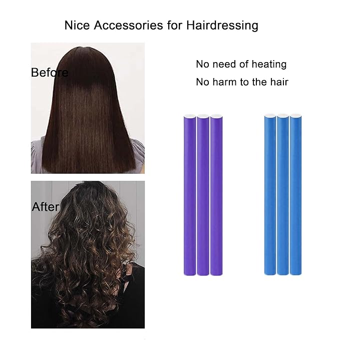 Flexible Curling Rods, 30Pcs Flexirods Long Flexible Heatless Twist Bendable Foam Hair Curls for Long Medium Short Hair, Combs - Rubber, Purple, Blue ( 9.45 x 0.55 inch ), 32 Count