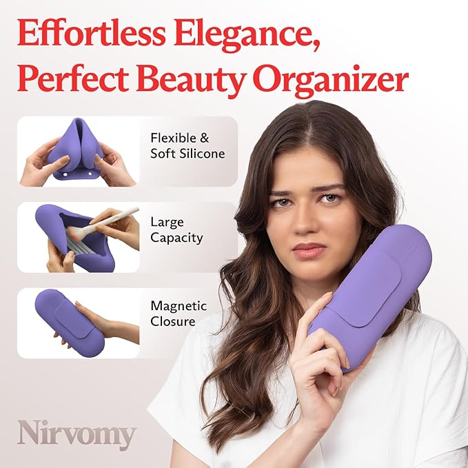 Travel Makeup Brush Holder, Silicone Makeup Brush Organizer, Dirt-Resistant Easy to Clean Makeup Brush Bag with Anti-Fall Out Magnetic Closure, Travel Essentials for Women (Lavender)