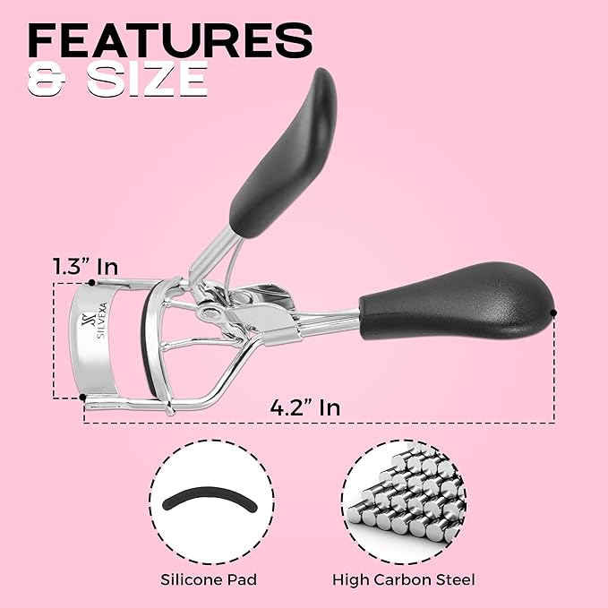 Eyelash Curler with Comfort Grip – Professional Stainless Steel Lash Curler with Soft Silicone Pads | No-Pinch, Long-Lasting Curl for All Eye Shapes | Ergonomic Handle Makeup Tool (Black)
