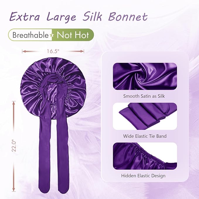 BONNET QUEEN Silk Bonnet for Sleeping Women Big Satin Bonnet Night Sleep Cap Wrap for Curly Hair with Adjustable Tie Band,Large, Purple