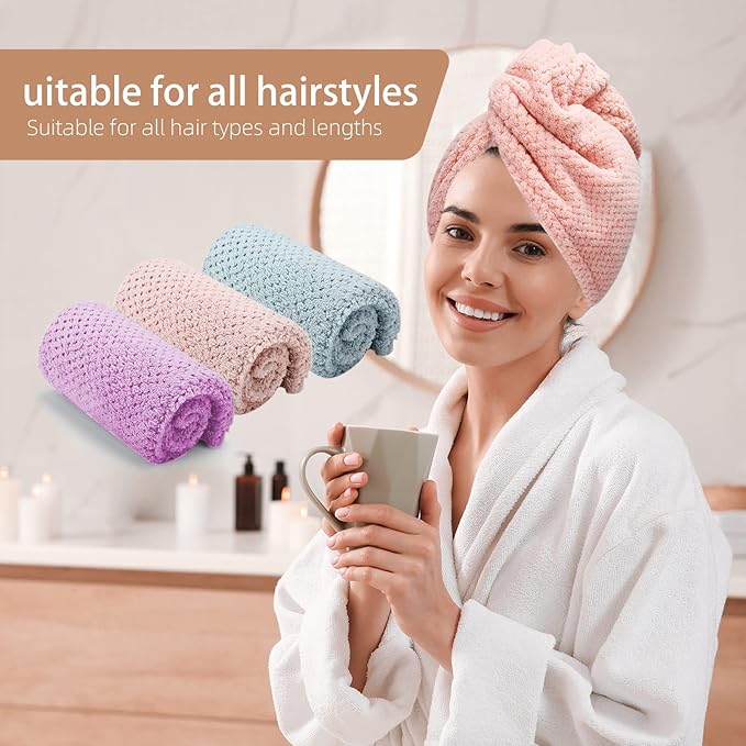 3 PCS Microfiber Hair Towel, Hair Wraps for Women Wet Hair, Fast Drying Hair Turban, Anti Frizz Head Towels Wrap for Curly Hair (Purple, Pink, Blue)