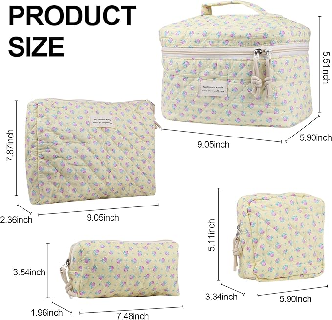 VIWIME Makeup Cosmetic Bag, Large Cotton Quilted Travel Coquette Aesthetic Cute Floral Make up Bag for Women Toiletry Bag Organizer (201- Purple Rose/ 4Pcs)