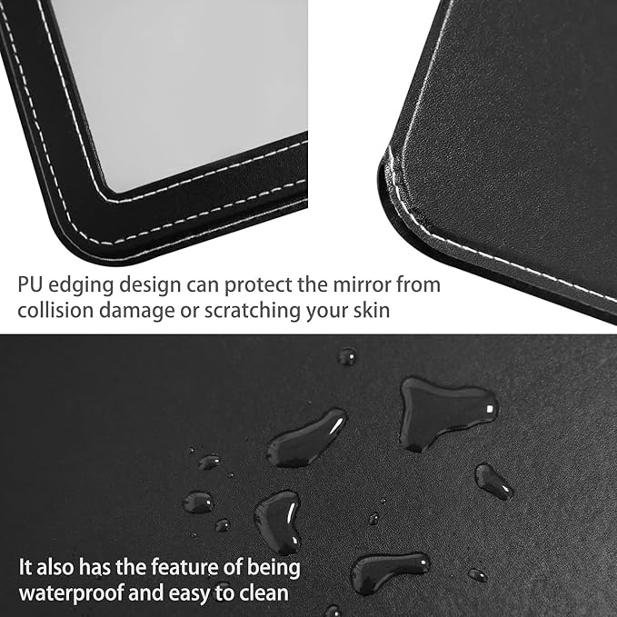 Travel Mirror for Desk, 5.3×6.9” Adjustable Rectangle PU Edge Covering Black Foldable Desk Mirror with Stand for Travel Camping Home (Black)