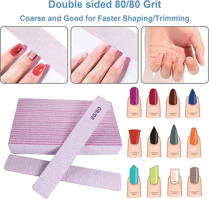 80/80 Grit Nail Files, Emery Boards Nail File for Acrylic and Gel Nails, Coarse Nail File Double Sided 80 Grits Emory Professional Filers Reusable Washable Manicure Square Gray