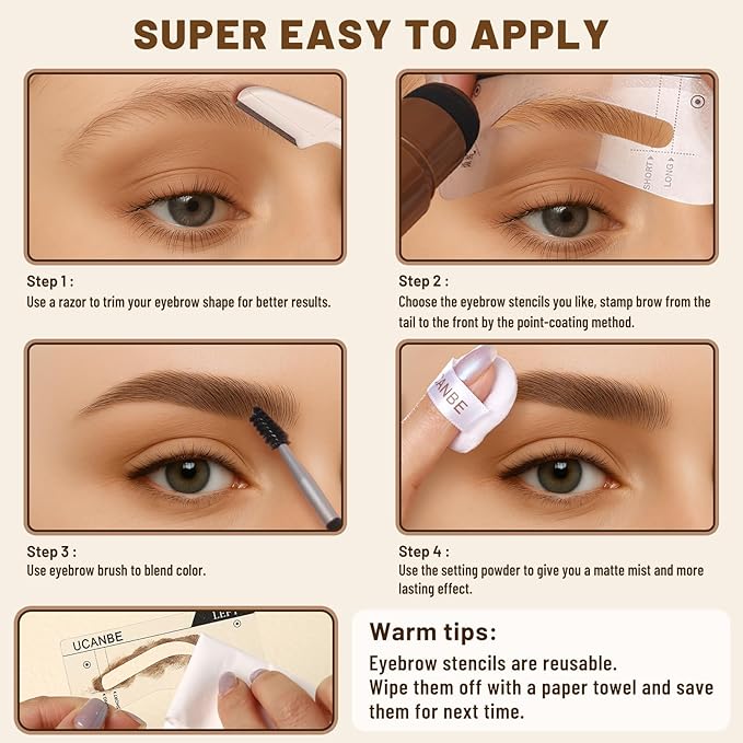 UCANBE 25PCS Eyebrow Stamp Stencil Kit With Dual-Color Eyebrow Stamp Pomade,20 Reusable Eyebrow Stencils,Finising Powder,Brush,Eyebrow Razor,Zipper Pouch,Waterproof Eye Brow Stamping and Shaping Kit01