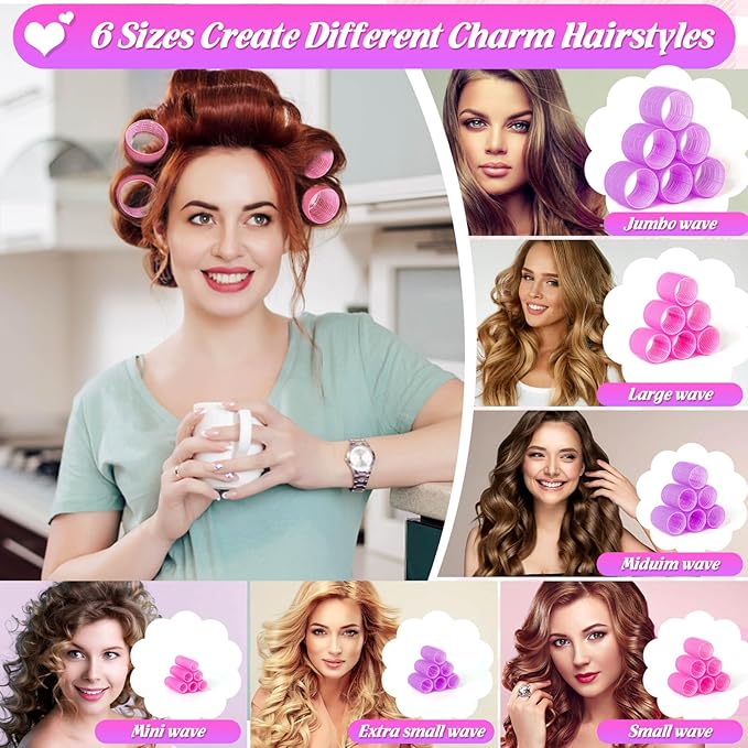 6 Size Hair Rollers for Women, 62 Pcs Rollers Hair Curlers for Blowout Look Long Medium Short Hair, Jumbo Large Medium Small Self Grip Curlers with 36 Roller 24 Clips 1 Storage Bag