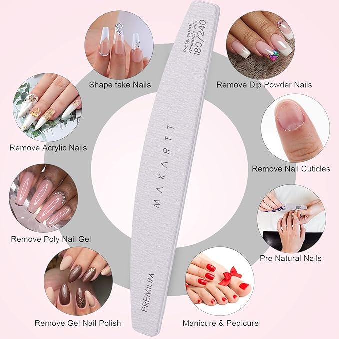 Makartt Nail Files: 180/240 Grit Emery Boards for Nails, 10pcs Professional Dual-Sided Fingernail Files for Natural Nails Prep & Buffing, Reusable Nail Care Manicure Set for Salon & Home Use