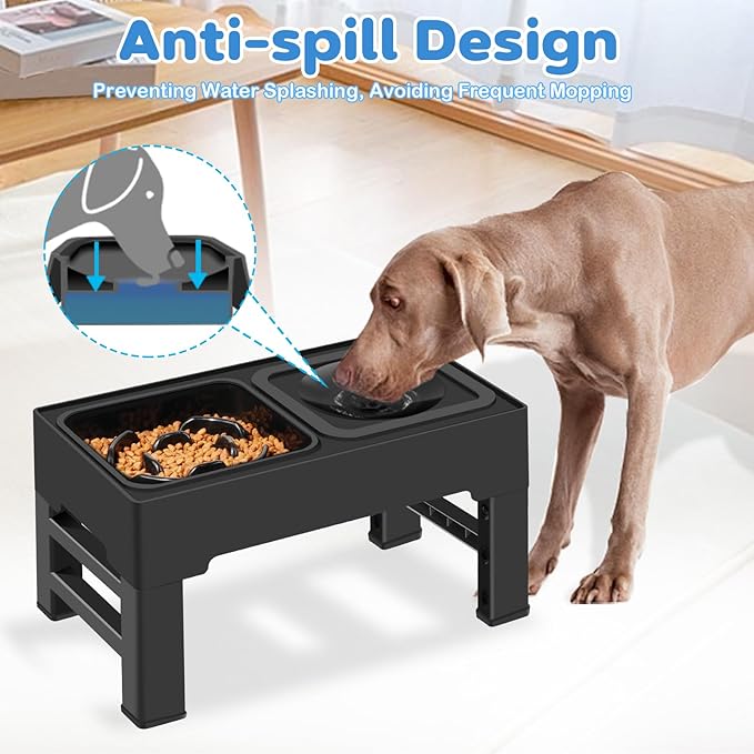 2-in-1 Elevated Slow Feeder Dog Bowls, 4 Height Adjustable Raised Dog Bowls Stand with No Spill Water Bowl, Non-Skid Pet Food Feeding Set for Small, Medium, Large Dogs Cats