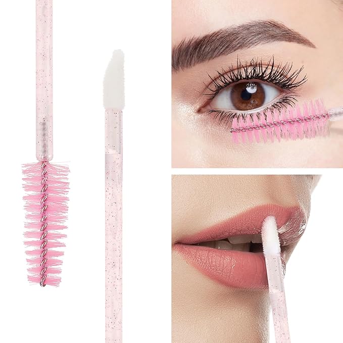 300 Pcs Disposable Mascara Wands Dual Ended Eyelash Brush Lip Brush, Pink Lipstick Applicator Eyebrow Spoolies Brush for Eyelash Extensions