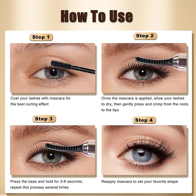 Heated Eyelash Curlers with Battery Indicator, Electric Eyelash Curler 3 Temperature Modes LED Display USB Rechargeable Makeup Tools, Heated Lash Curler Ideal Christmas Gift for Women Golden Brown Y1