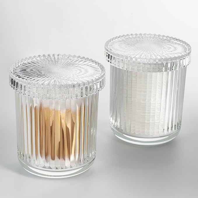 2 Pack Glass Qtip Holder Dispenser - Bathroom Organizers and Storage, Clear Apothecary Jars Set, Bathroom Essentials Accessories Decor, Vanity Makeup Storage Organizer (Clear)