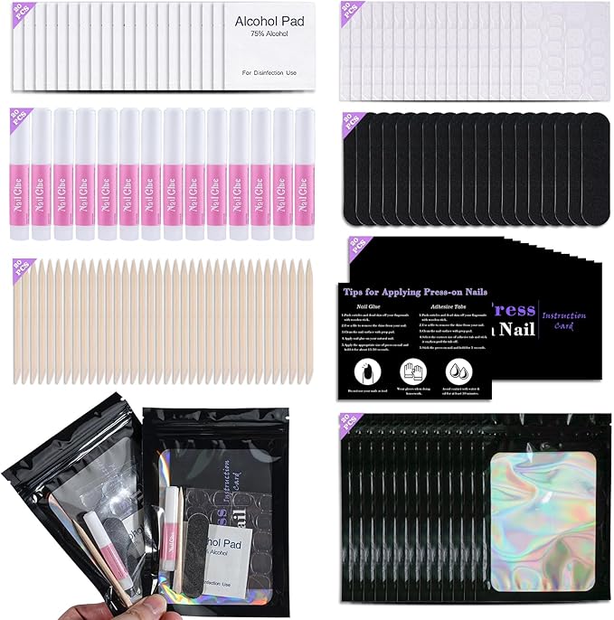 Disposable Nail Supplies Kits,Professional Manicure Press On Nail Tool Kit With Nail File,Adhesive Tabs,Nail Glue,Sticks, Prep Pads,Bags,Cards for Nail Business(Black-140pcs20set)