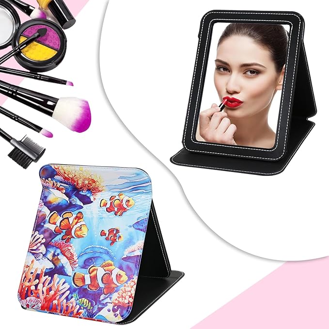 Portable Folding Makeup Mirror, 9x7 Inch PU Leather Desk Foldable Travel Mirror, Multi-Angle Rectangular HD Vanity Mirror with Adjustable Stand for Traveling Office Table Camping Home Rounded Corners