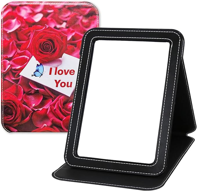 Large Folding Mirror, Travel PU Portable Adjustable Rectangular Ultrathin Vanity Mirror Rounded Corners with Stand, for Travel, Camping,Home 9x7 Inches