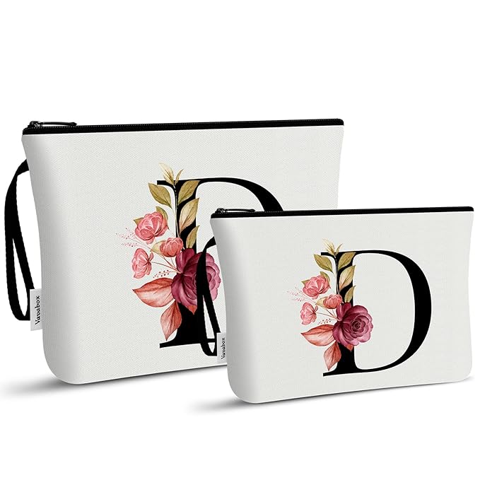 Vavabox A-Z Personalized Makeup Bag, Birthday Gifts for Women Mom, Gifts for Best Friend, Bride Bridesmaid Cosmetic bag (D, 03-White Set)
