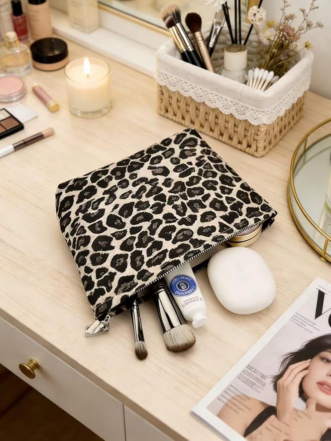 Brown Leopard Canvas Makeup Bag Organizer for Women & Girls - Large Capacity Travel Toiletry Pouch | Purse Organizer Cosmetic Zipper Bag