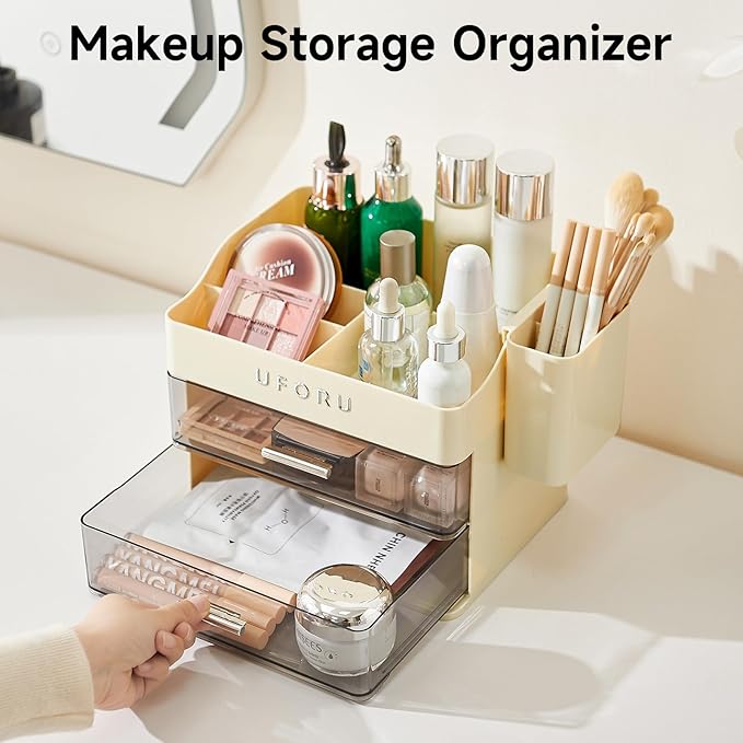 Makeup Organizer for Vanity with Brush Holder, Countertop Skincare Organizer with 2 Drawers, Spacious Cosmetic Display Case for Perfumes, Eyeshadow Palettes, Nail Polishes