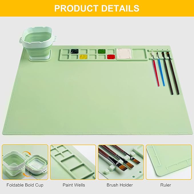Silicone Painting Mat, Silicone Art Mat with Cup, Silicone Craft Mat with Paint Brush Cleaner Tool, Silicone Artist Mat for Kids Gift Painting Clay DIY Creations, Gift Packaged