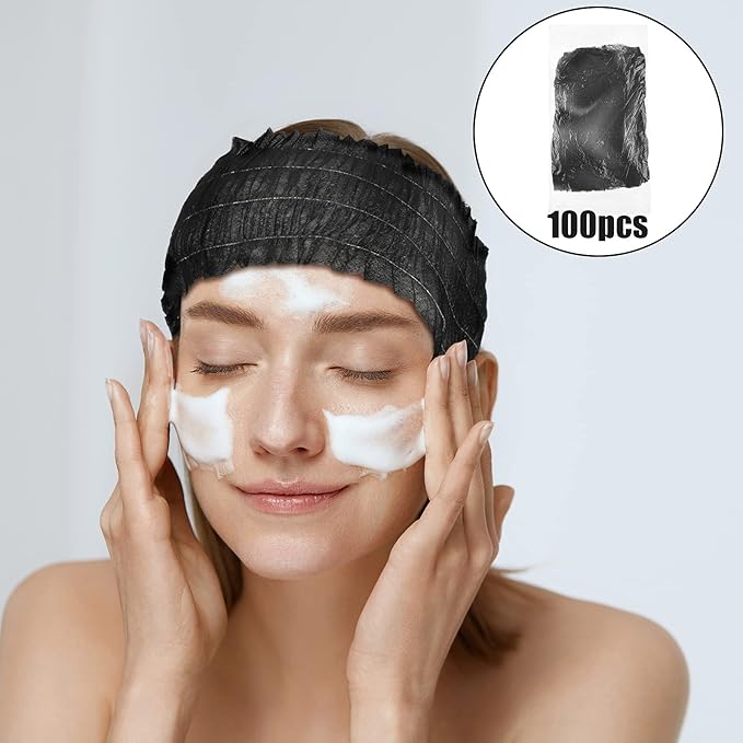 Waydress 100 Pieces Disposable Headbands Soft Non Woven Facial Spa Headbands Cloth Stretch Skin Care Hair Band Salon Makeup Sauna Supplies Individually Packaged for Women Girls, Black
