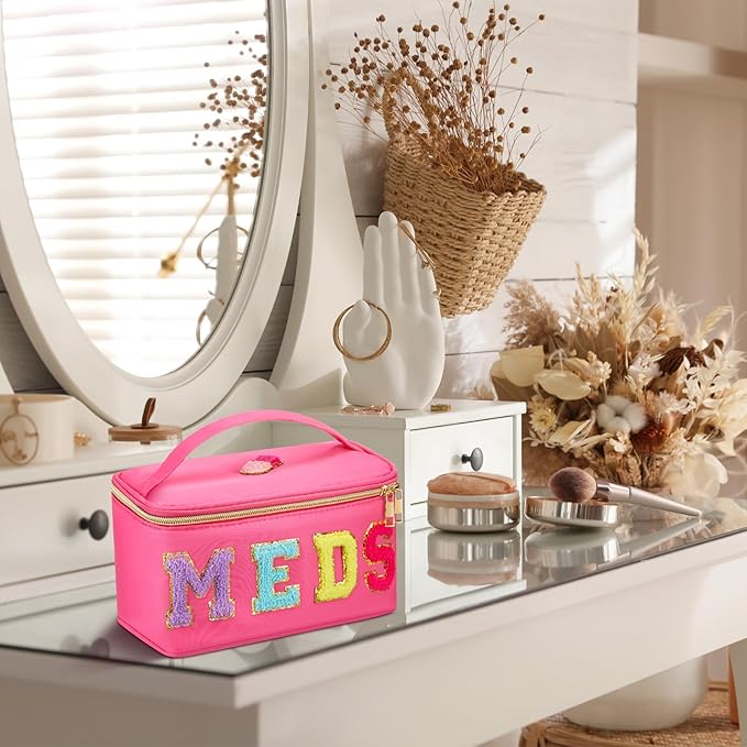 Geetery Clear Makeup Bag Chenille Letter Meds Bag Travel Cases Preppy Patch with Zipper, Portable Cosmetic Toiletry Storage case for Women(Meds,Rose Red)