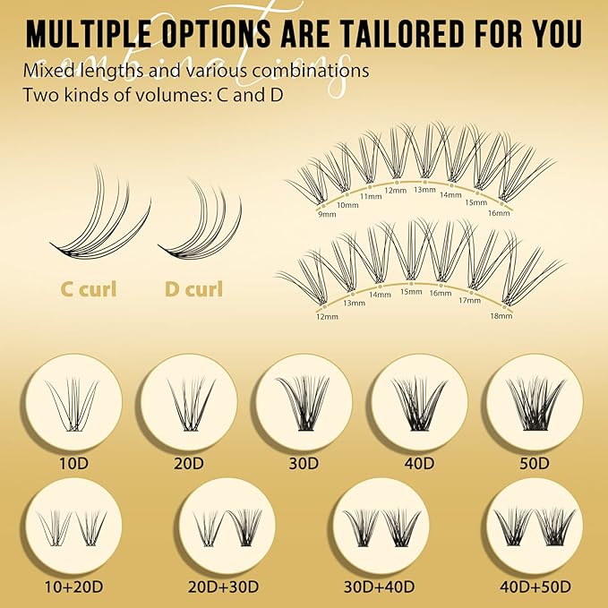 QUEWEL Lash Clusters 320Pcs Cluster Lashes 10D C Curl Lash Cluster Eyelash Extensions Mix9-16mm Individual Eyelashes Clusters Wispy Lash Clusters Thin Band Soft to Use at Home(10D C Mix9-16)
