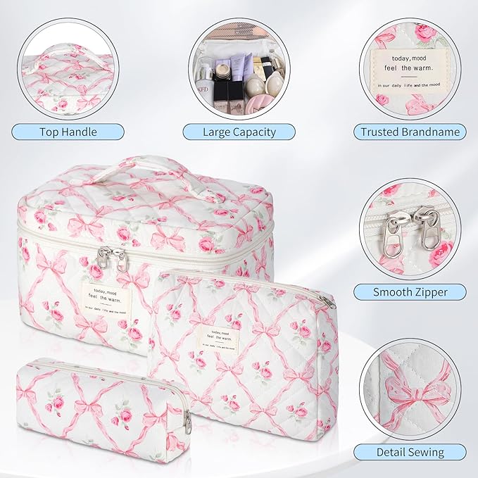 senbowe Floral Makeup Bag, 3 Pack Large Cotton Quilted Pink Bow Makeup Bag Set, Cute Floral Coquette Aesthetic Toiletry Bag Make Up Cosmetic Bag for Women, Toiletry Travel Make Up Organizer Bag