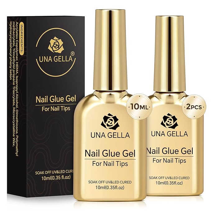 UNA GELLA 9 in 1 Gel Nail Glue for Clear Acrylic Nails Tips 2Pcs 10ml Long Lasting Super Strong Brush on Nail Gel Glue for False Press on Nails Tips Base Blooming Gel, U V Light Required