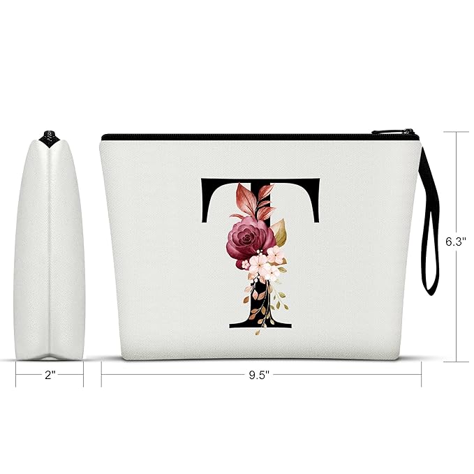 Vavabox A-Z Personalized Makeup Bag, Birthday Gifts for Women Mom, Gifts for Best Friend, Bride Bridesmaid Cosmetic bag (T, White)