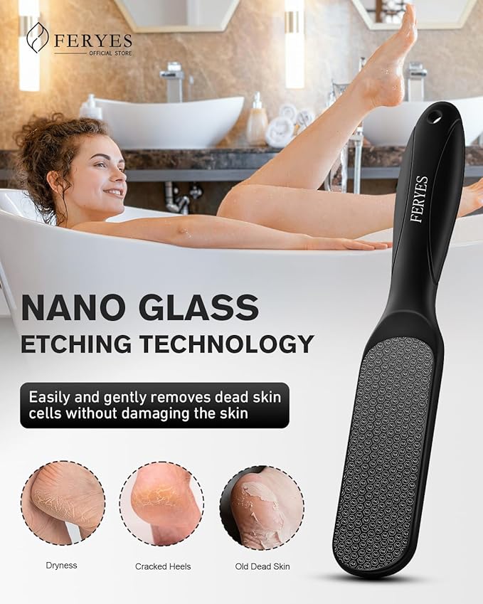 FERYES Dual-Sided Glass Foot File – Long Handle Foot Scrubber for Dead Skin, Cracked Heel Repair, Pedicure Tools for Callus Removal, Glass Pumice Stone Foot Scraper - Black