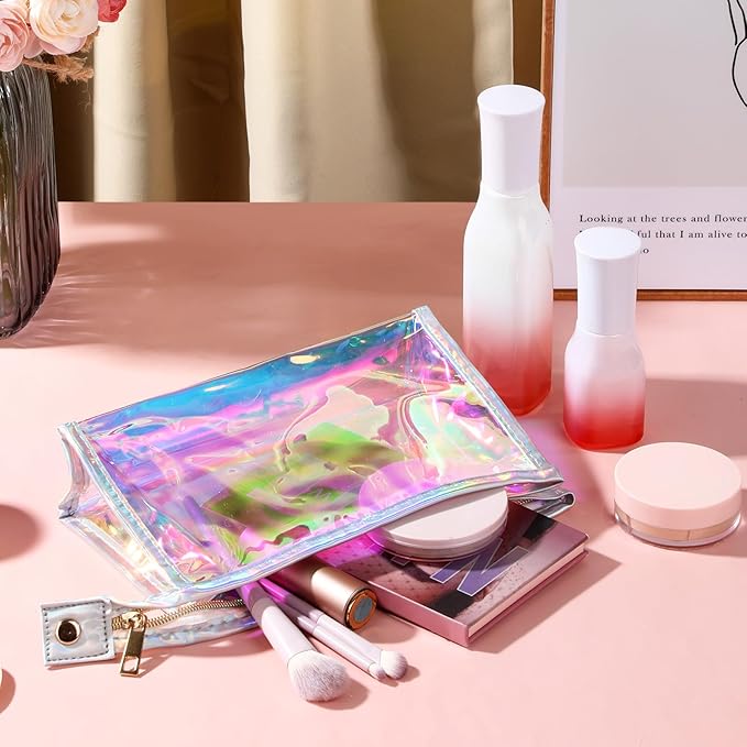 10 Pcs Holographic Makeup Bags Bulk, Iridescent Makeup Bag, Portable Zipper Toiletry Bag Clear Waterproof Holographic Cosmetic Bags, Women's Gifts