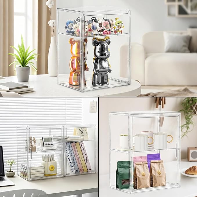 Acrylic Display Case for Collectibles, Clear Storage Bin with 3 Adjustable Layers and1 Removable Divider, Stackable Clear Storage Box with Magnetic Door for Figures, Home or Office,Large,2Pack