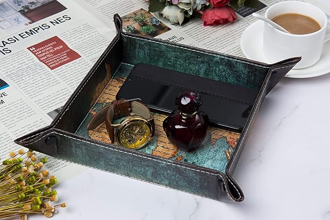 siduater Valet Tray Desktop Storage Organizer, Vegan Leather Catchall Bedside Vanity Tray Nightstand Caddy Holder for Remote Controller, Watch, Keys, Phone, Wallet, Sunglasses, Jewelry - Map