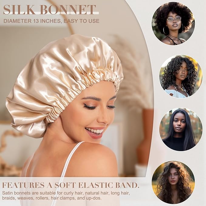 Satin Bonnet Silk Bonnet Hair Bonnet for Sleeping-Slouchy Beanie Hat Satin Sleep Cap for Women's Natural & Curly Hair(Champagne)