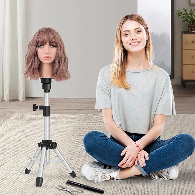 Wig Stand Tripod, 25 Inch Adjustable Mannequin Head Stand, Wig Head Stand for Training Heads And Canvas Block Head (Silvery, Mannequin Head Not Included)
