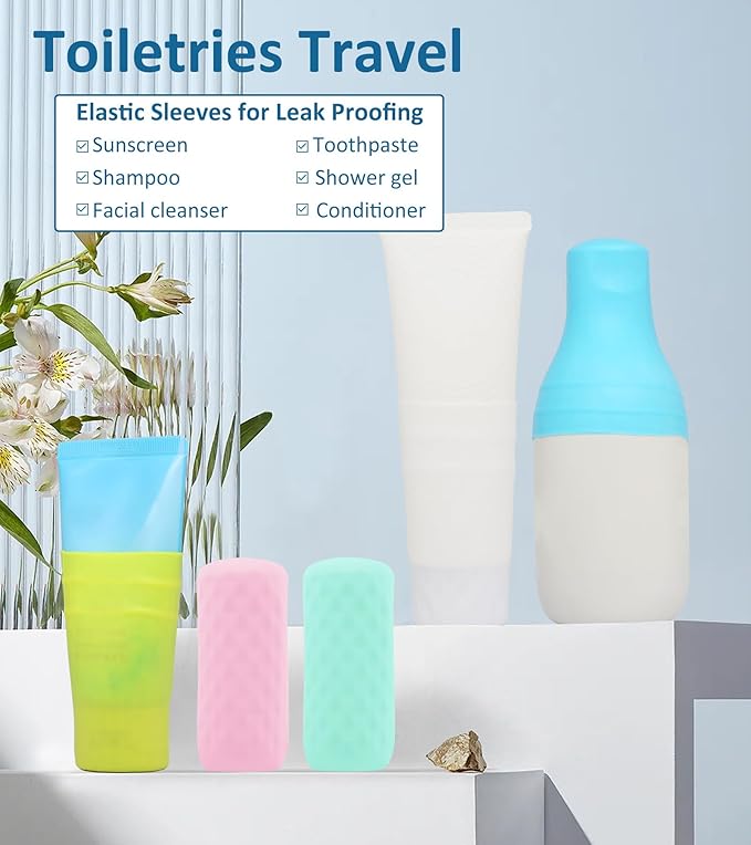 25 Pack Travel Essentials Accessories Silicone Bottle Covers, Cruise Essentials, Beach Vacation Essentials for Women Men, Elastic Sleeves for Leak Proofing, Fit Travel Size Bottles Toiletries