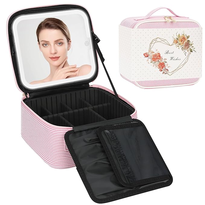 Relavel Travel Makeup Bag With LED Mirror, Portable Cosmetic Bag Organizer with Adjustable Brightness in 3 Color Scenarios, Small Cute Train Case with Detachable Dividers for Trip- Pink Strip